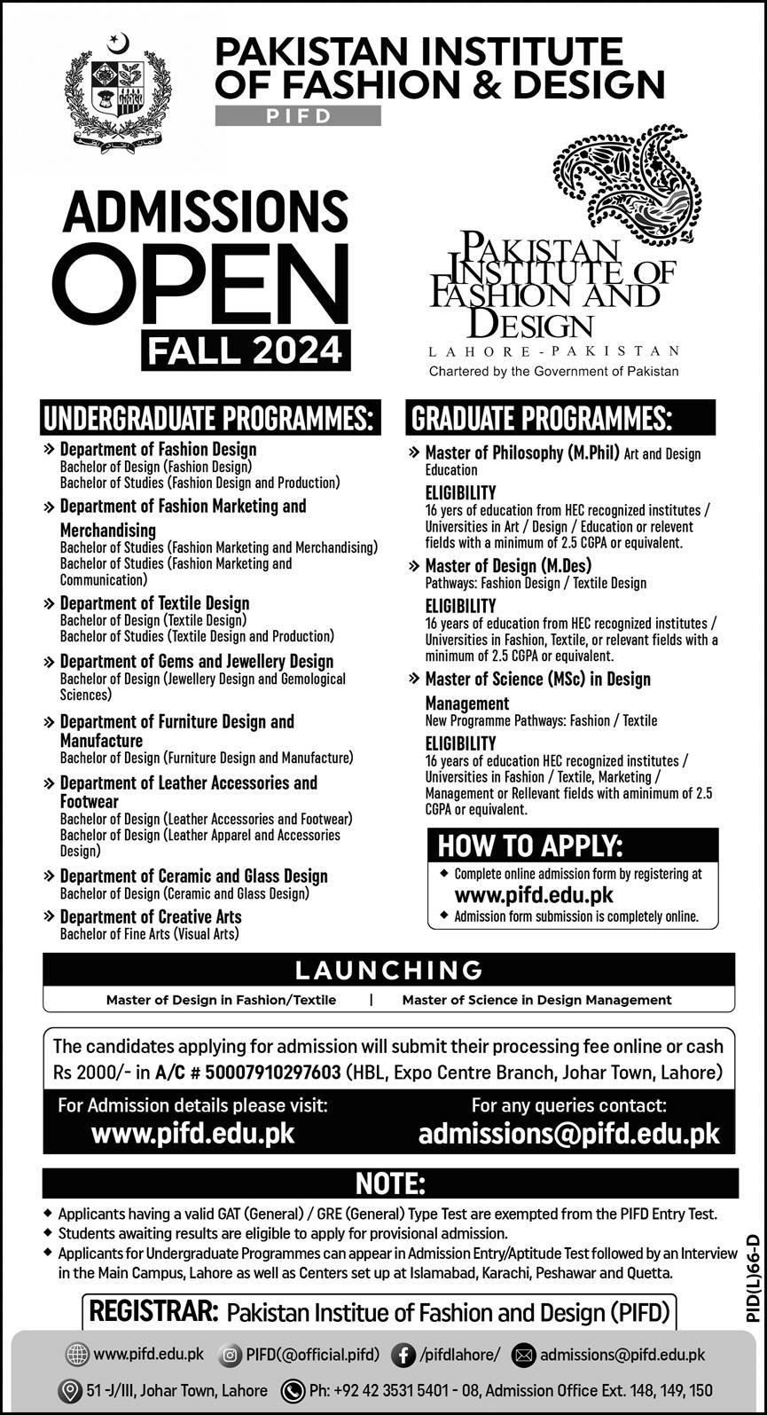 Pakistan institute of fashion and design admission 2024 advertisement