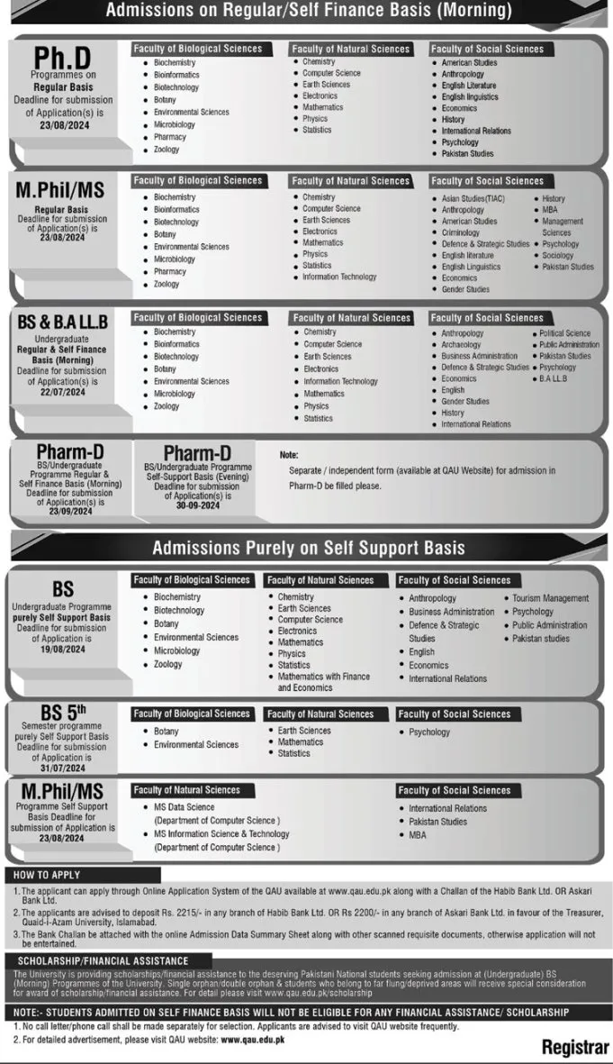 quaid e azam university admission advertisement 2024