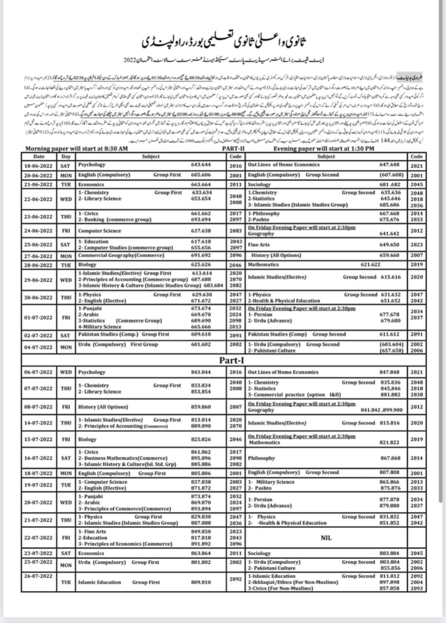 Rawalpindi Board Date sheet 