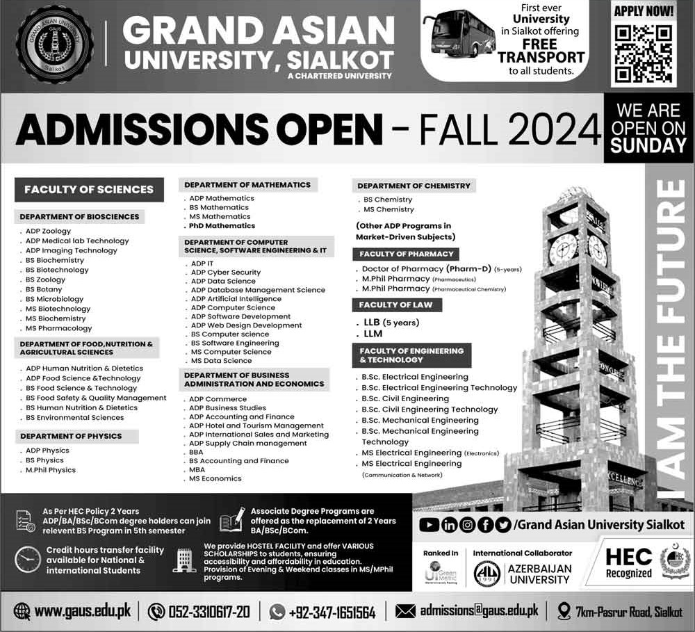 grand asian university sialkot admission 2024 advertisement