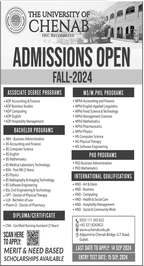 the university of chenab admission 2024 advertisement